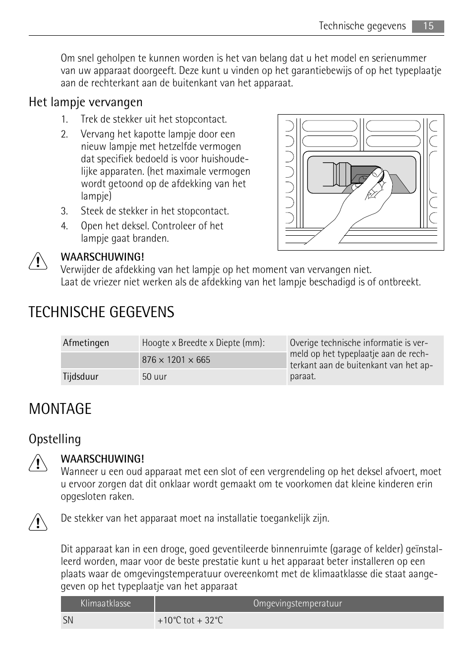 Technische gegevens, Montage, Het lampje vervangen | Opstelling | AEG A62300HLW0 User Manual | Page 15 / 72