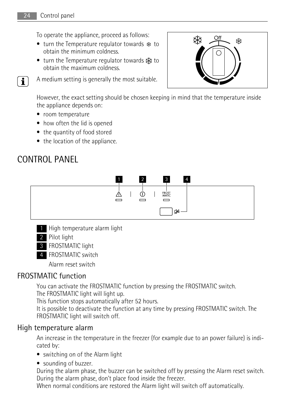 Control panel, Frostmatic function, High temperature alarm | AEG A62300HLW0 User Manual | Page 24 / 72