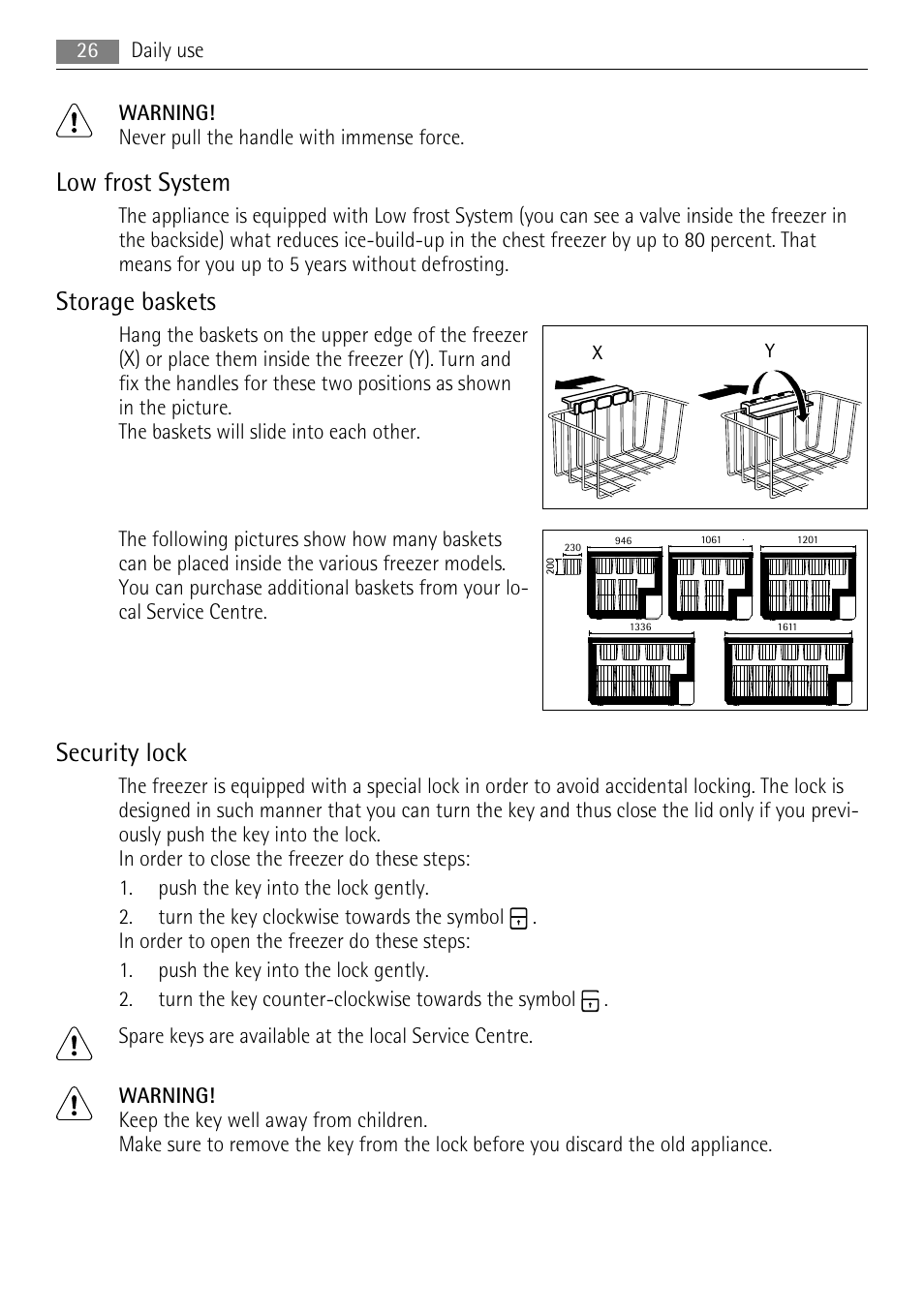 Low frost system, Storage baskets, Security lock | AEG A62300HLW0 User Manual | Page 26 / 72