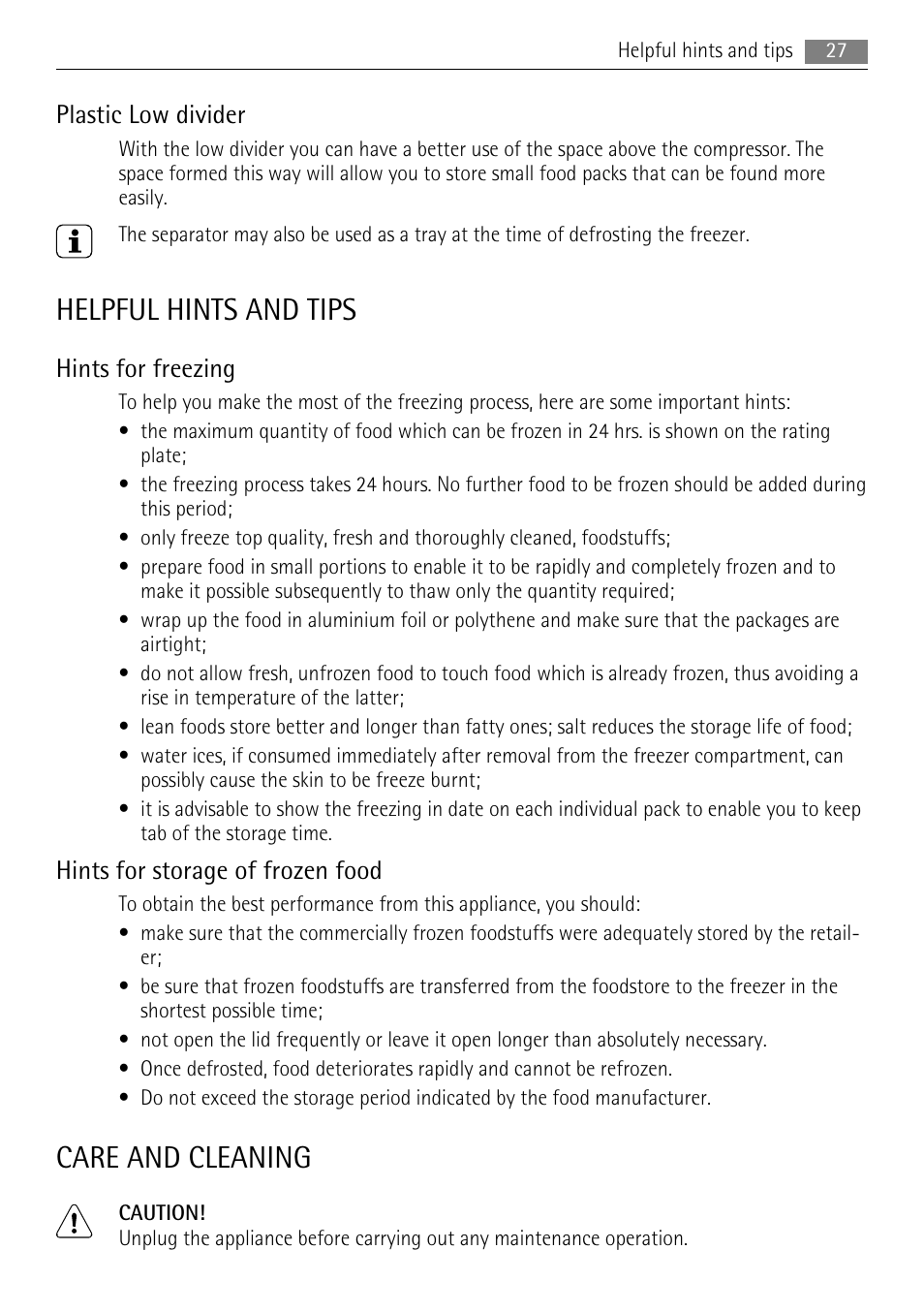 Helpful hints and tips, Care and cleaning, Plastic low divider | Hints for freezing, Hints for storage of frozen food | AEG A62300HLW0 User Manual | Page 27 / 72