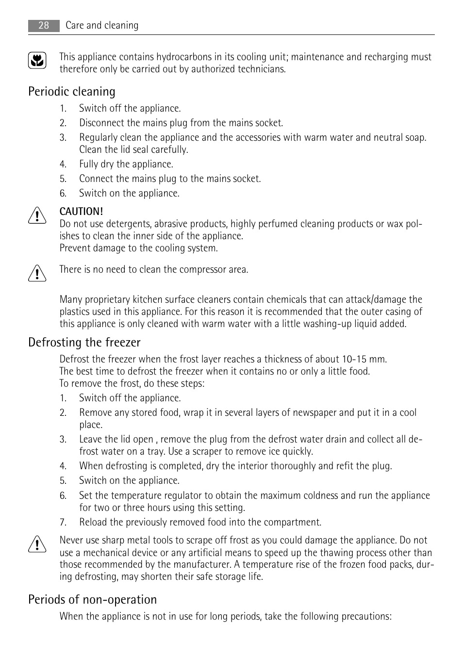 Periodic cleaning, Defrosting the freezer, Periods of non-operation | AEG A62300HLW0 User Manual | Page 28 / 72
