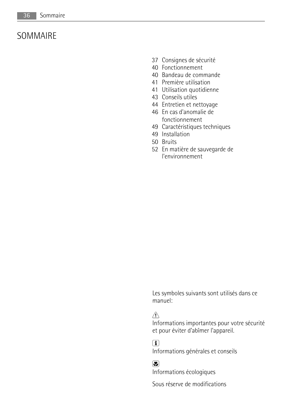 Sommaire | AEG A62300HLW0 User Manual | Page 36 / 72