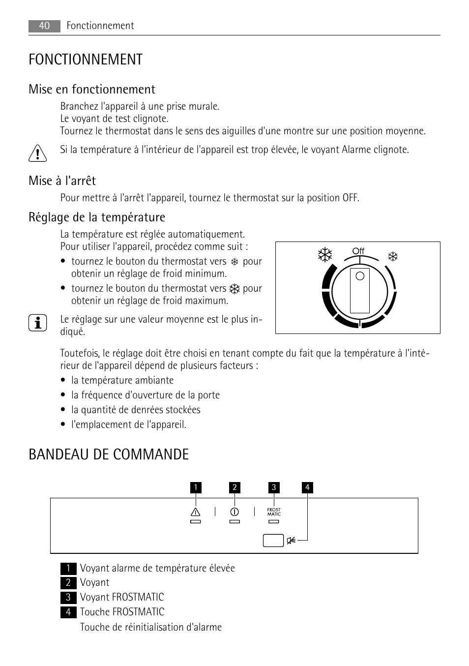 Fonctionnement, Bandeau de commande, Mise en fonctionnement | Mise à l'arrêt, Réglage de la température | AEG A62300HLW0 User Manual | Page 40 / 72