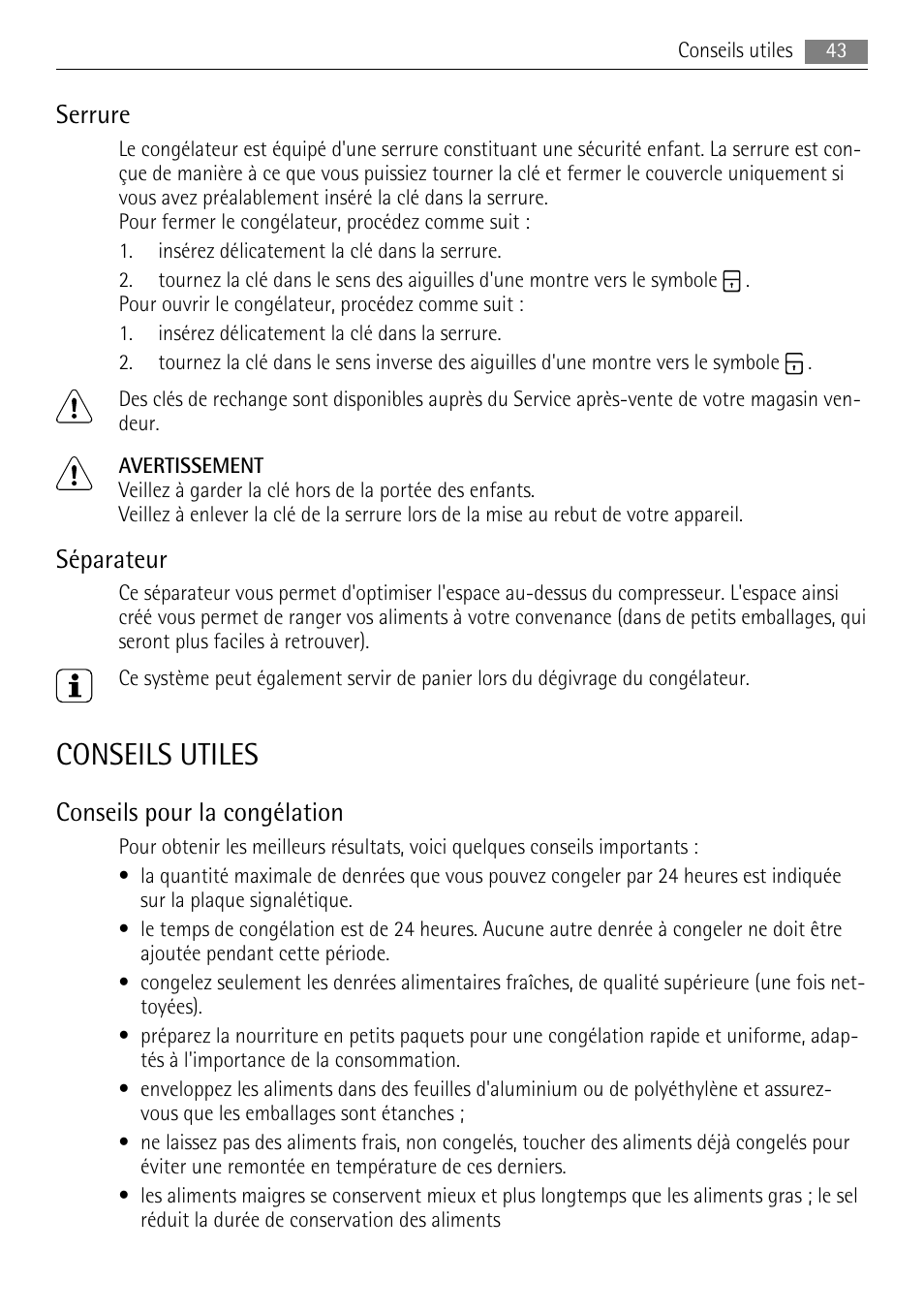 Conseils utiles, Serrure, Séparateur | Conseils pour la congélation | AEG A62300HLW0 User Manual | Page 43 / 72