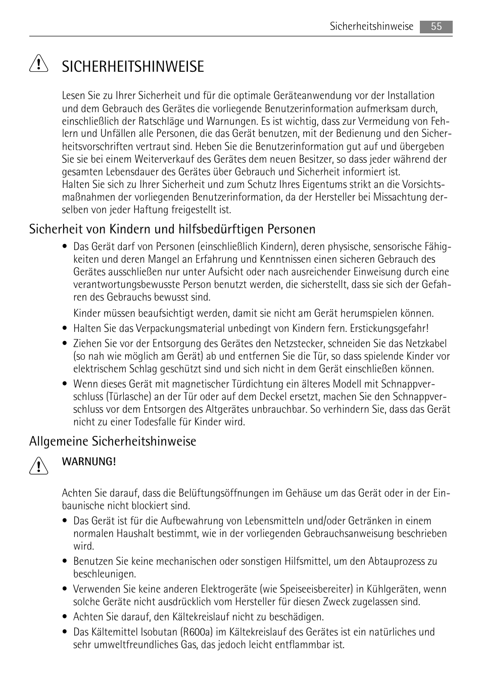 Sicherheitshinweise, Allgemeine sicherheitshinweise | AEG A62300HLW0 User Manual | Page 55 / 72