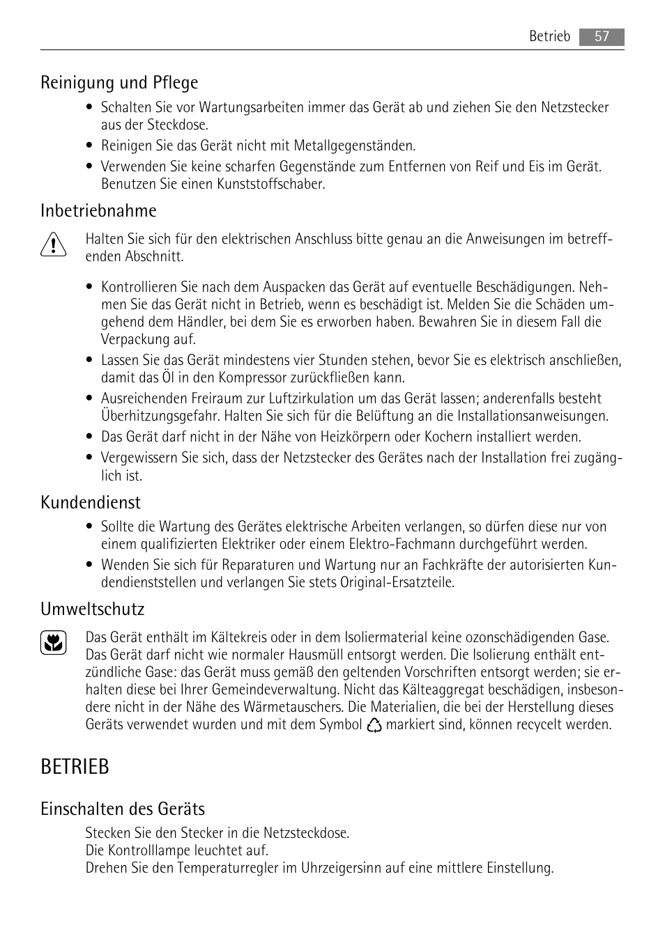 Betrieb, Reinigung und pflege, Inbetriebnahme | Kundendienst, Umweltschutz, Einschalten des geräts | AEG A62300HLW0 User Manual | Page 57 / 72