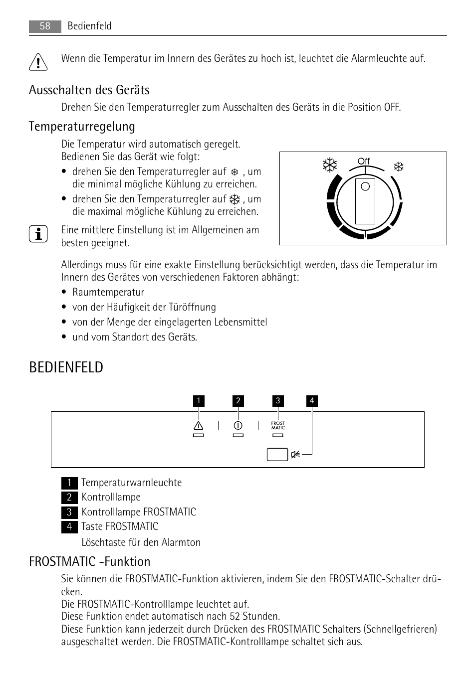 Bedienfeld, Ausschalten des geräts, Temperaturregelung | Frostmatic -funktion | AEG A62300HLW0 User Manual | Page 58 / 72