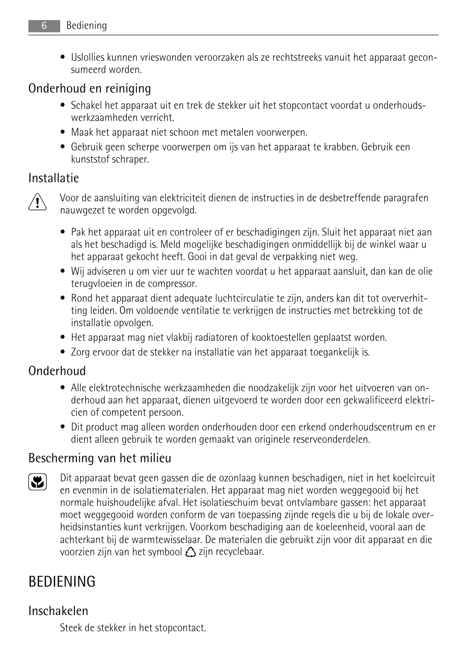 Bediening, Onderhoud en reiniging, Installatie | Onderhoud, Bescherming van het milieu, Inschakelen | AEG A62300HLW0 User Manual | Page 6 / 72