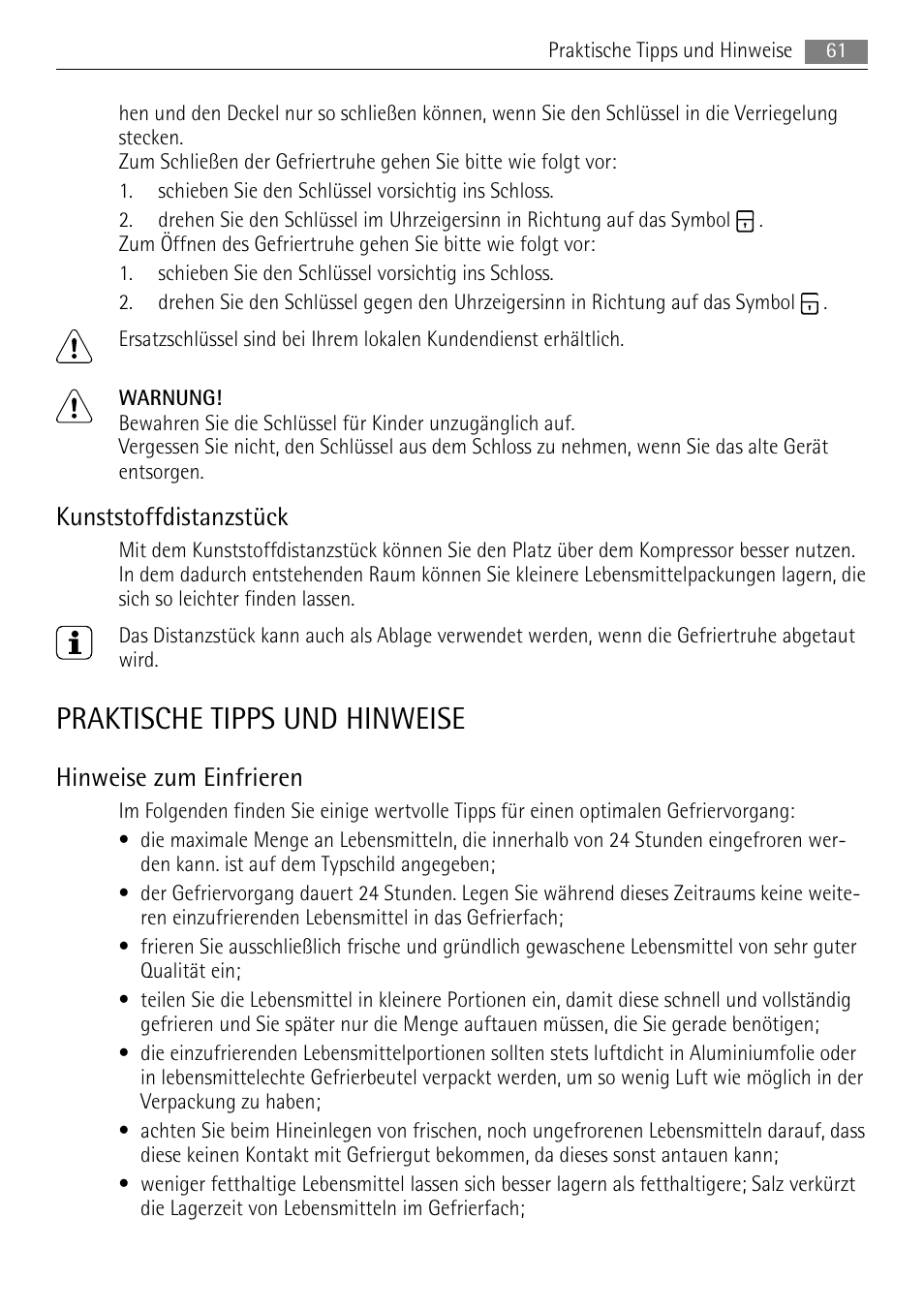 Praktische tipps und hinweise, Kunststoffdistanzstück, Hinweise zum einfrieren | AEG A62300HLW0 User Manual | Page 61 / 72