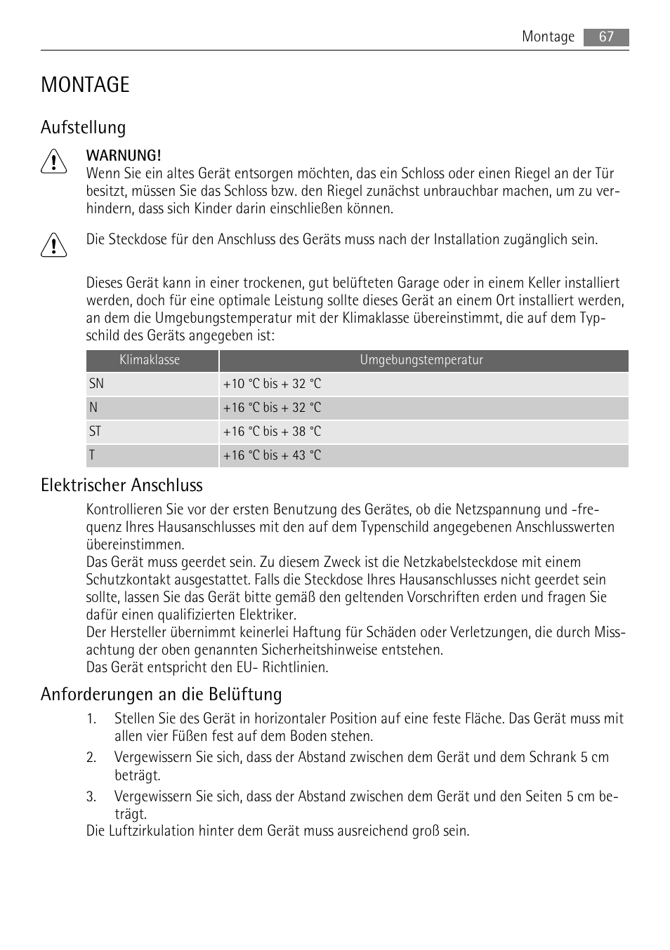 Montage, Aufstellung, Elektrischer anschluss | Anforderungen an die belüftung | AEG A62300HLW0 User Manual | Page 67 / 72