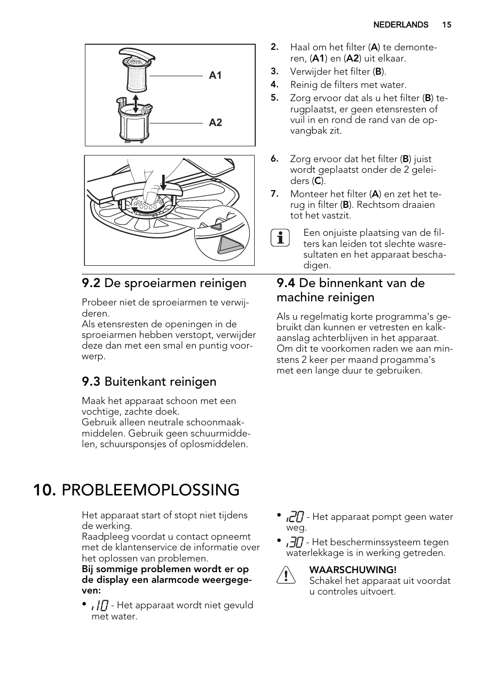 Probleemoplossing, 2 de sproeiarmen reinigen, 3 buitenkant reinigen | 4 de binnenkant van de machine reinigen | AEG F68452VI0P User Manual | Page 15 / 72