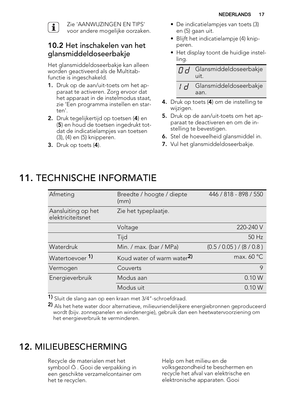 Technische informatie, Milieubescherming, 2 het inschakelen van het glansmiddeldoseerbakje | AEG F68452VI0P User Manual | Page 17 / 72