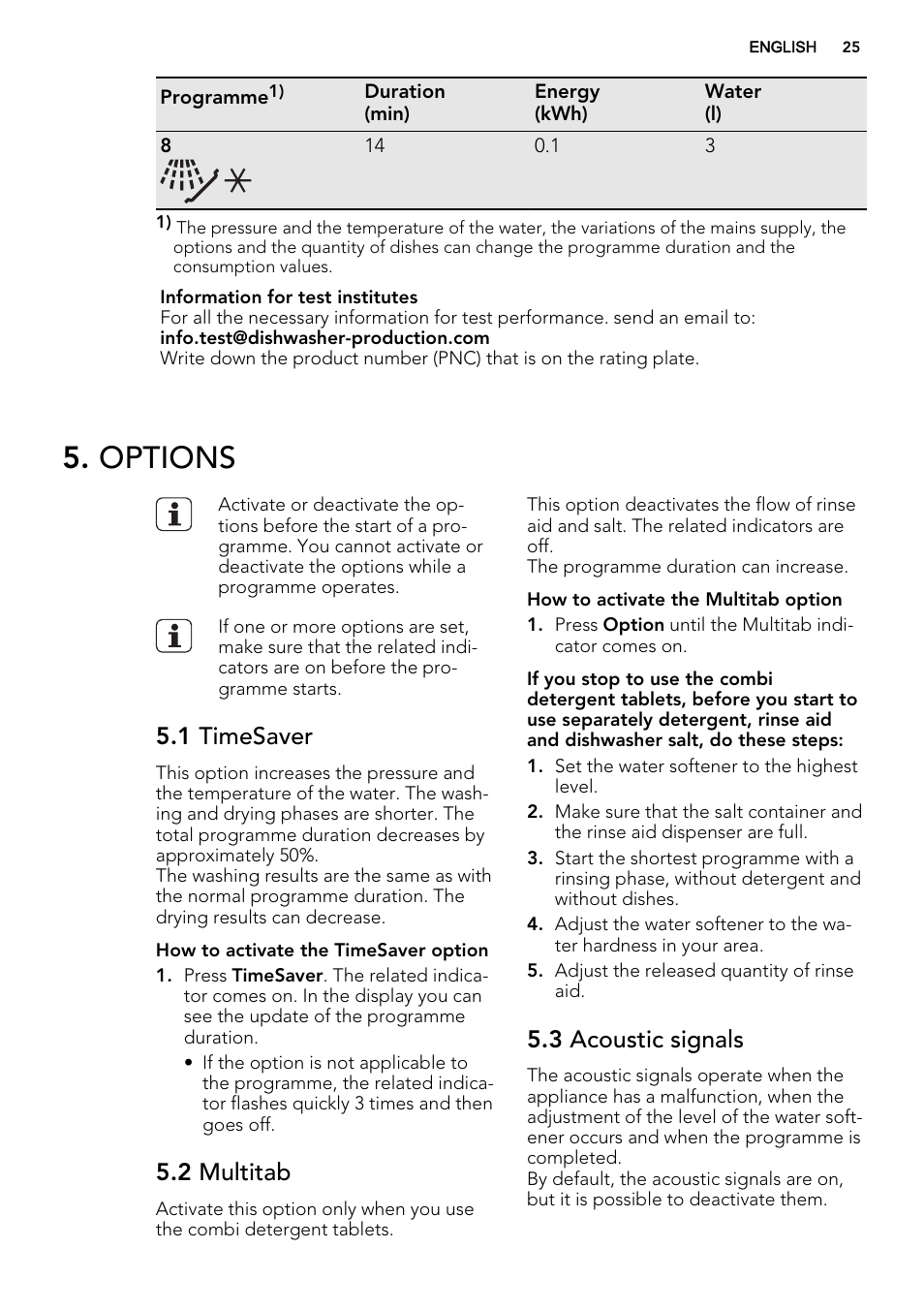 Options, 1 timesaver, 2 multitab | 3 acoustic signals | AEG F68452VI0P User Manual | Page 25 / 72