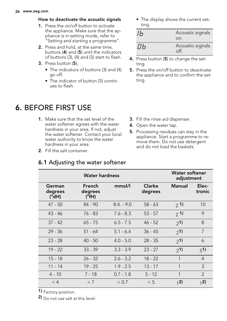 Before first use, 1 adjusting the water softener | AEG F68452VI0P User Manual | Page 26 / 72