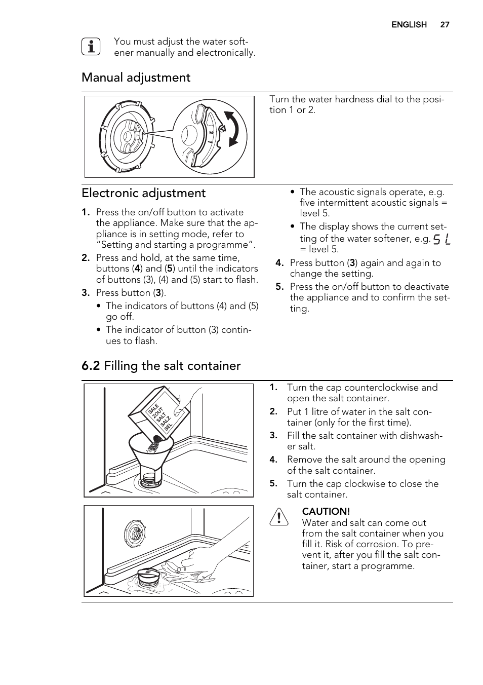 Manual adjustment, Electronic adjustment, 2 filling the salt container | AEG F68452VI0P User Manual | Page 27 / 72