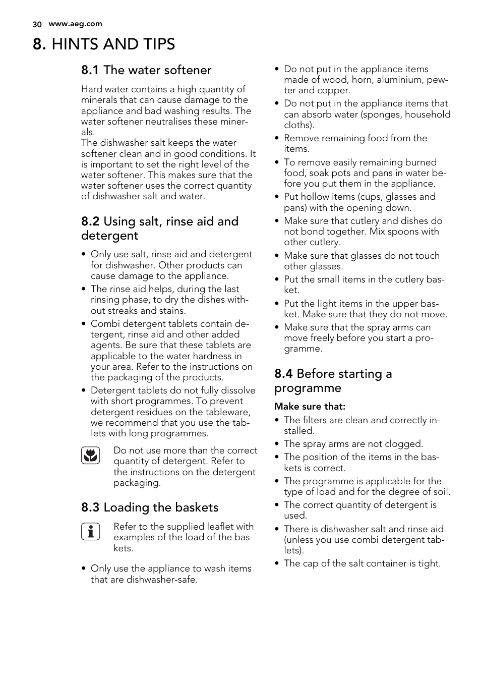 Hints and tips, 1 the water softener, 2 using salt, rinse aid and detergent | 3 loading the baskets, 4 before starting a programme | AEG F68452VI0P User Manual | Page 30 / 72