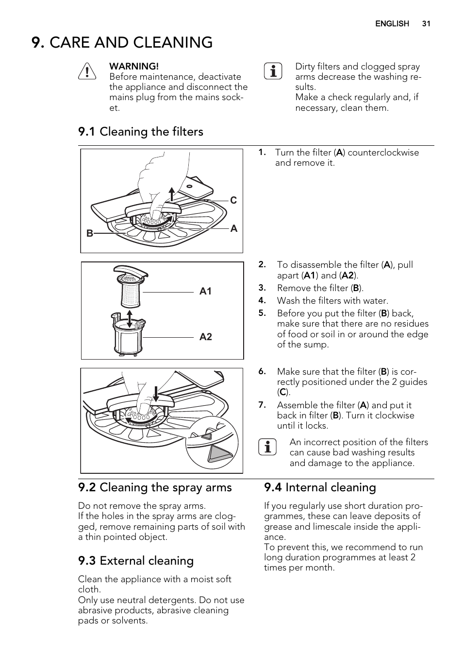 Care and cleaning, 1 cleaning the filters, 2 cleaning the spray arms | 3 external cleaning, 4 internal cleaning | AEG F68452VI0P User Manual | Page 31 / 72