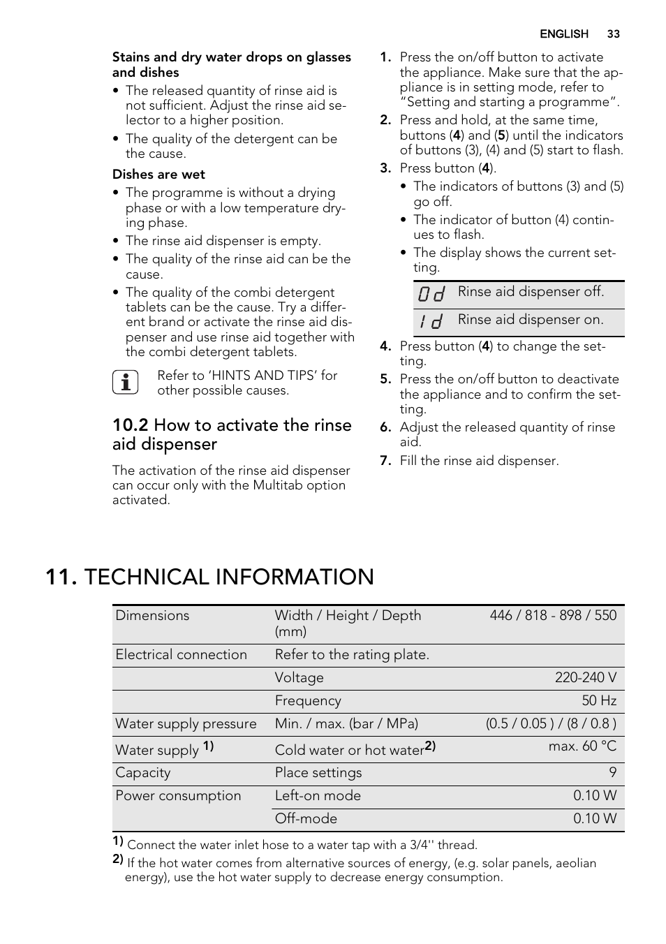 Technical information, 2 how to activate the rinse aid dispenser | AEG F68452VI0P User Manual | Page 33 / 72
