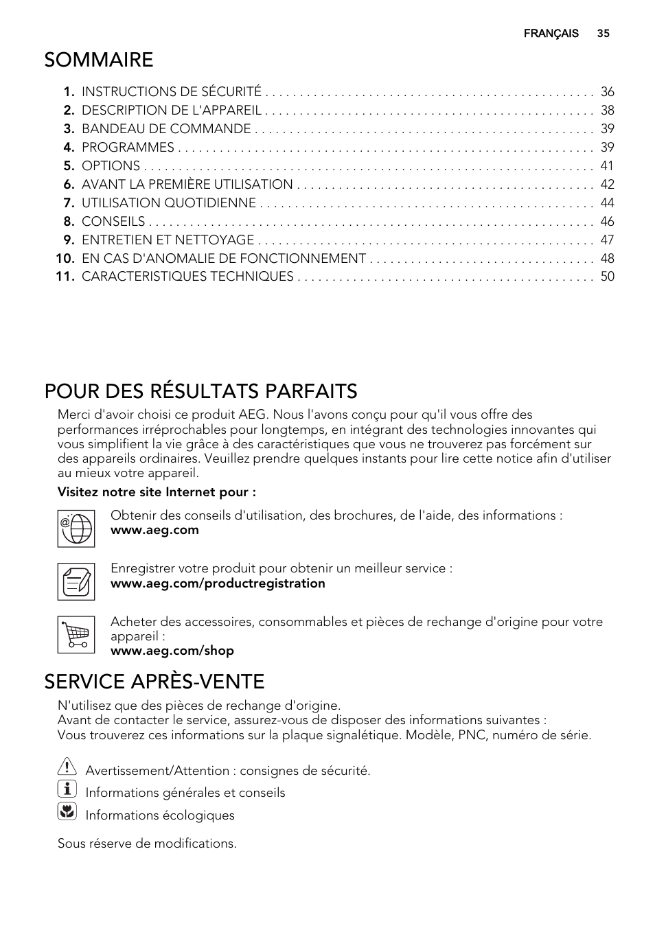 Sommaire, Pour des résultats parfaits, Service après-vente | AEG F68452VI0P User Manual | Page 35 / 72