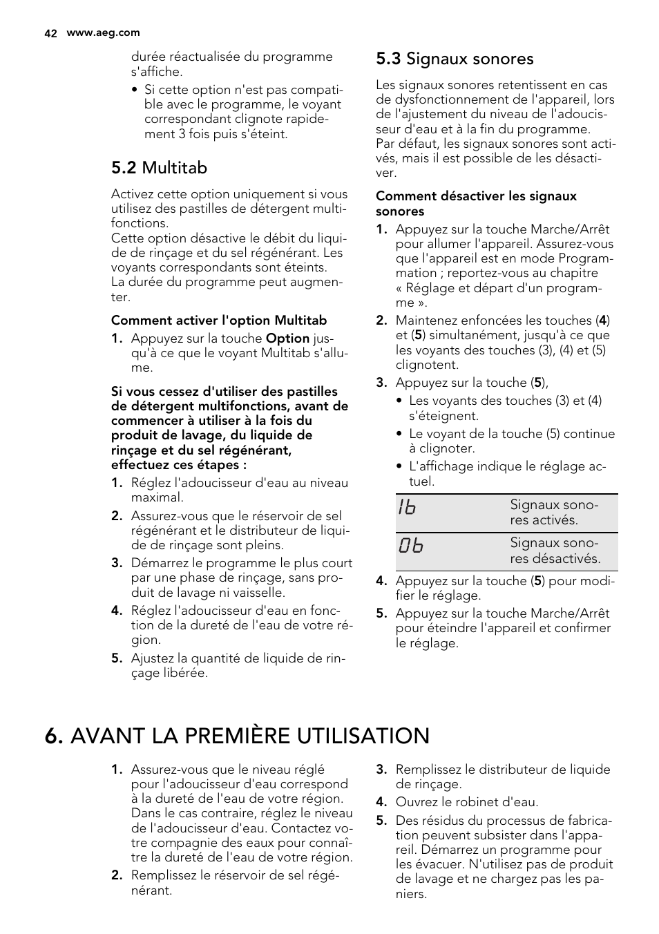 Avant la première utilisation, 2 multitab, 3 signaux sonores | AEG F68452VI0P User Manual | Page 42 / 72