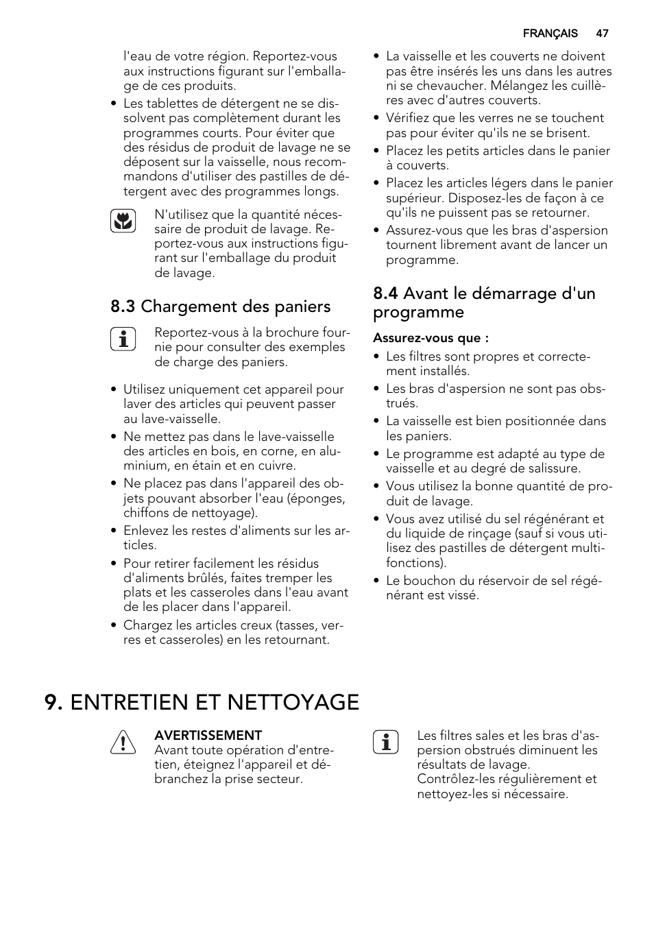 Entretien et nettoyage, 3 chargement des paniers, 4 avant le démarrage d'un programme | AEG F68452VI0P User Manual | Page 47 / 72