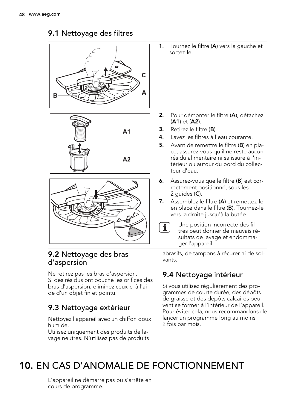 En cas d'anomalie de fonctionnement, 1 nettoyage des filtres, 2 nettoyage des bras d'aspersion | 3 nettoyage extérieur, 4 nettoyage intérieur | AEG F68452VI0P User Manual | Page 48 / 72