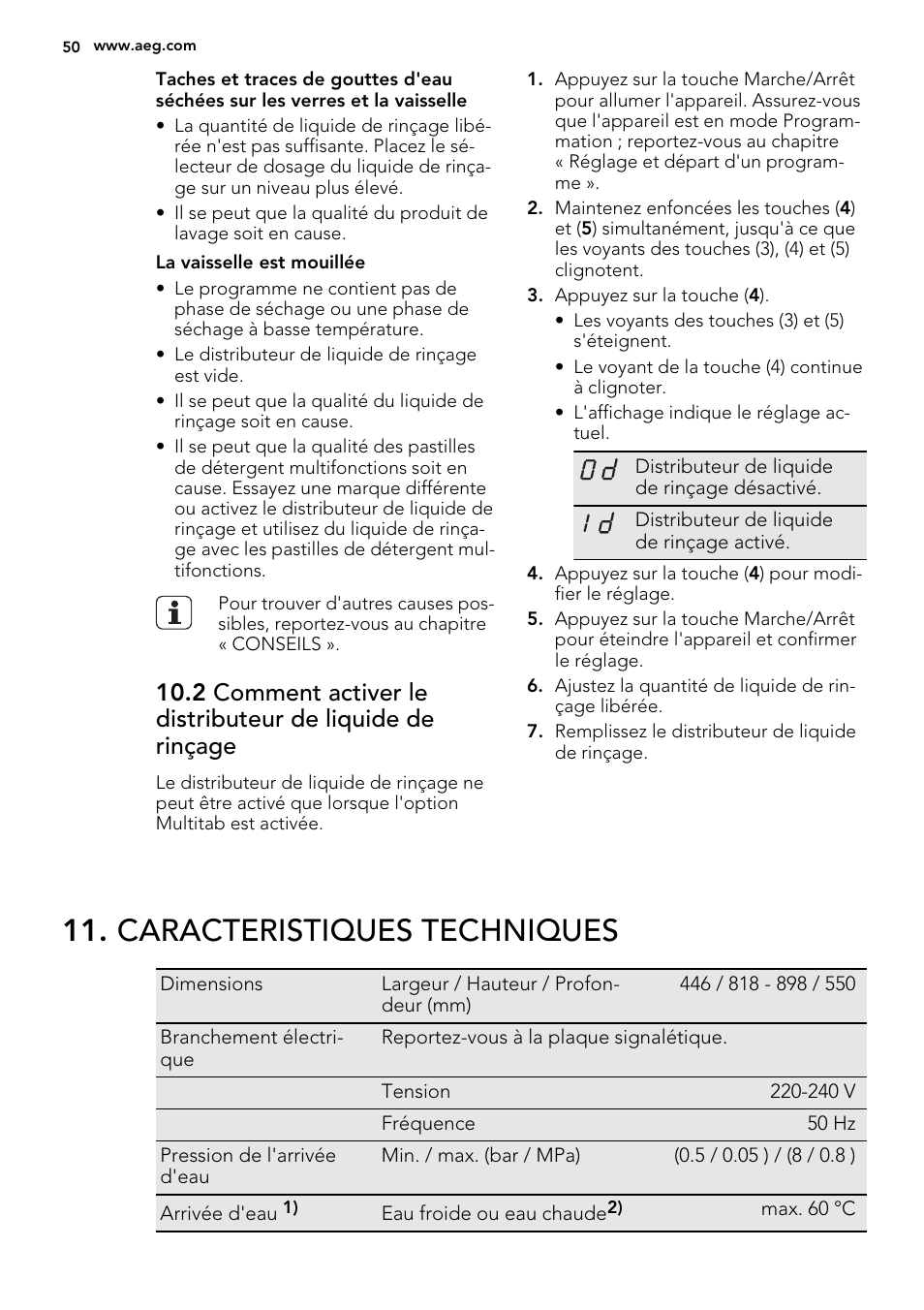 Caracteristiques techniques | AEG F68452VI0P User Manual | Page 50 / 72