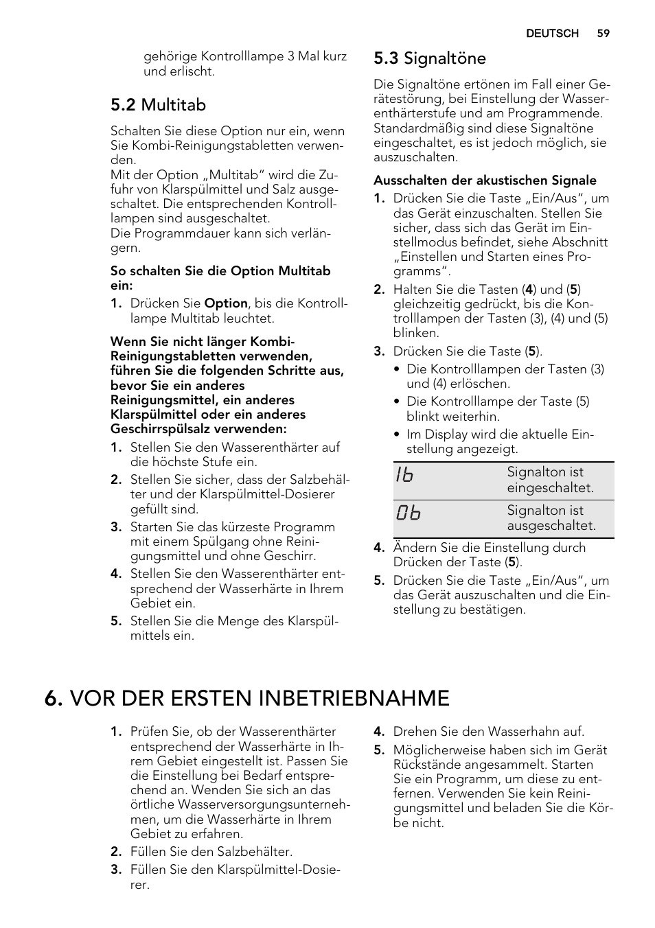 Vor der ersten inbetriebnahme, 2 multitab, 3 signaltöne | AEG F68452VI0P User Manual | Page 59 / 72