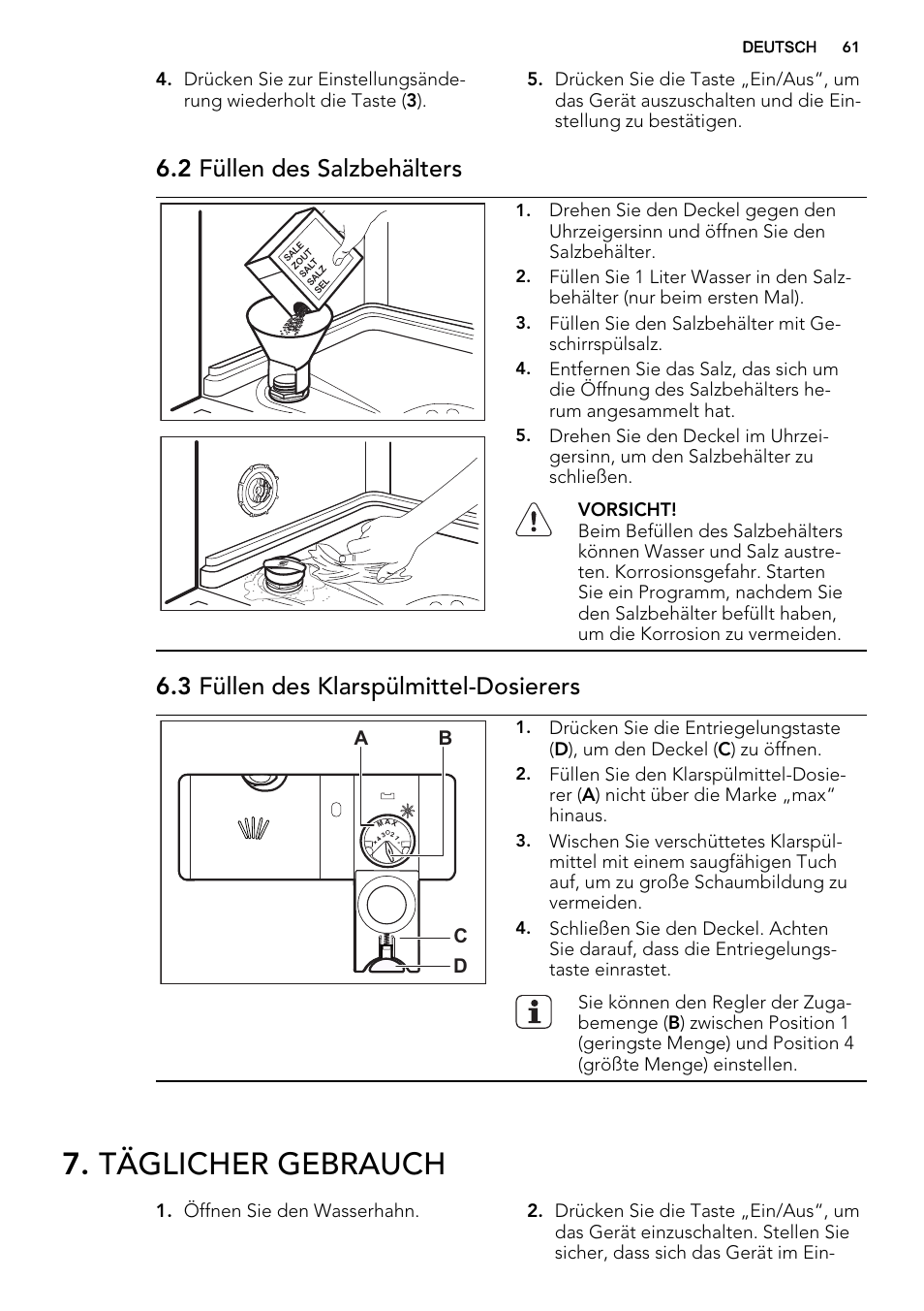 Täglicher gebrauch, 2 füllen des salzbehälters, 3 füllen des klarspülmittel-dosierers | AEG F68452VI0P User Manual | Page 61 / 72