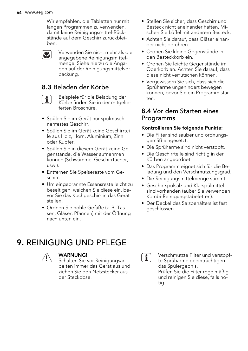 Reinigung und pflege, 3 beladen der körbe, 4 vor dem starten eines programms | AEG F68452VI0P User Manual | Page 64 / 72