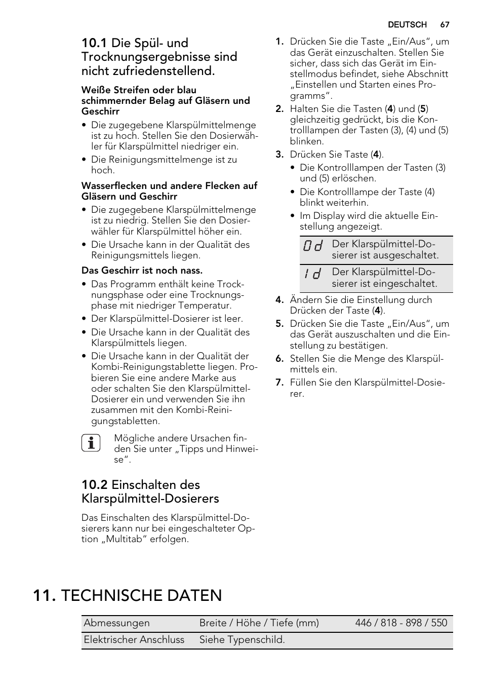 Technische daten, 2 einschalten des klarspülmittel-dosierers | AEG F68452VI0P User Manual | Page 67 / 72