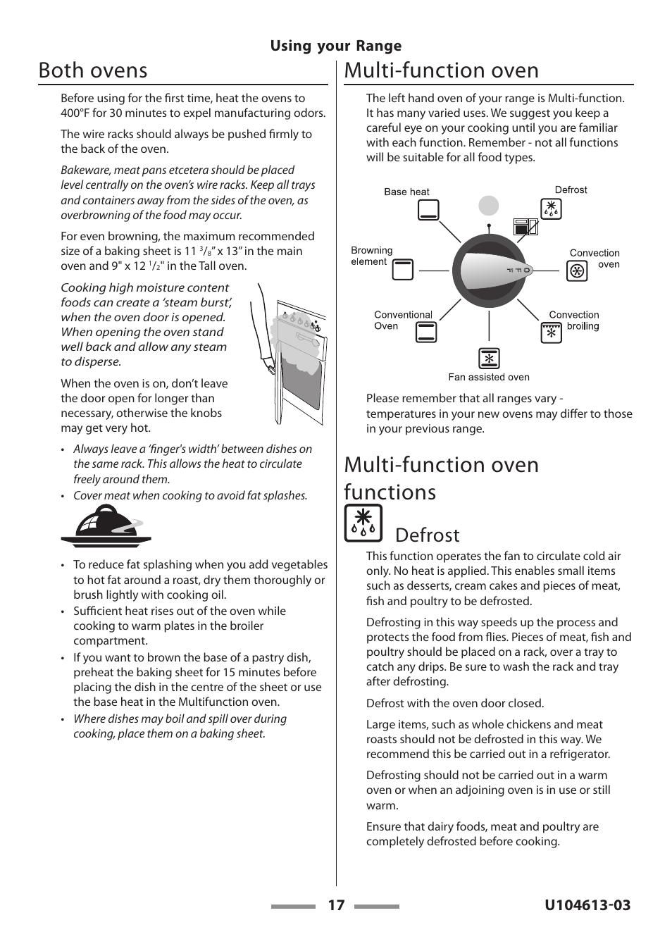 Both ovens, Multi-function oven, Multi-function oven functions | Defrost | Aga Ranges LEGACY 36 U104613-03 User Manual | Page 17 / 56