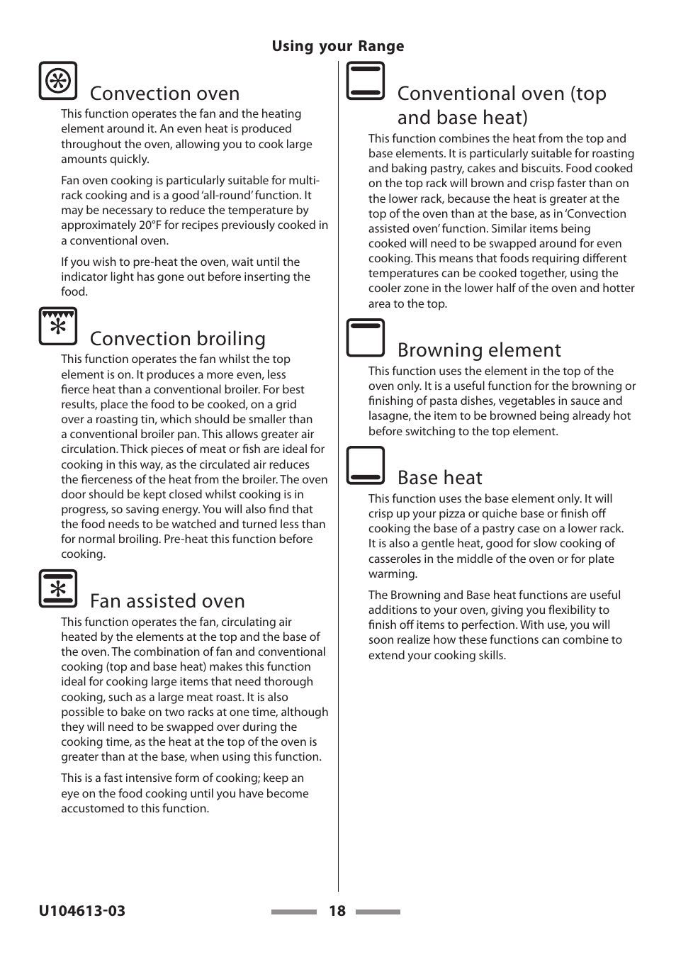 Convection oven, Convection broiling, Fan assisted oven | Conventional oven (top and base heat), Browning element, Base heat | Aga Ranges LEGACY 36 U104613-03 User Manual | Page 18 / 56