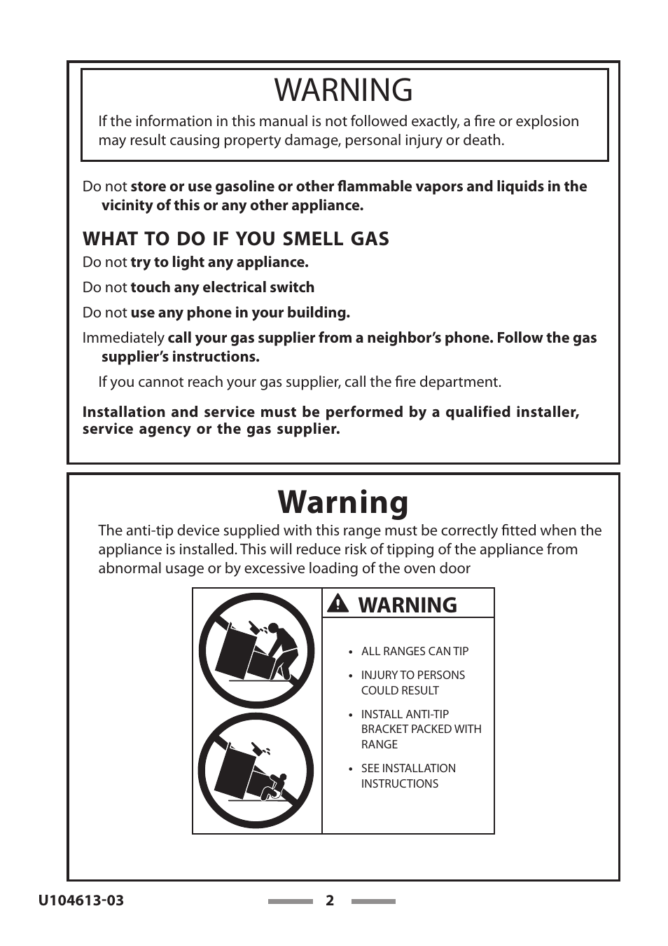 Warning, What to do if you smell gas | Aga Ranges LEGACY 36 U104613-03 User Manual | Page 2 / 56