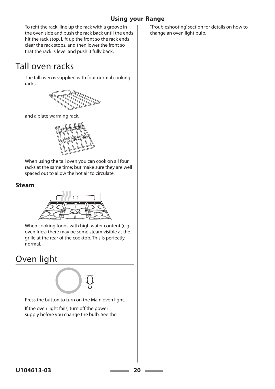 Tall oven racks, Oven light | Aga Ranges LEGACY 36 U104613-03 User Manual | Page 20 / 56