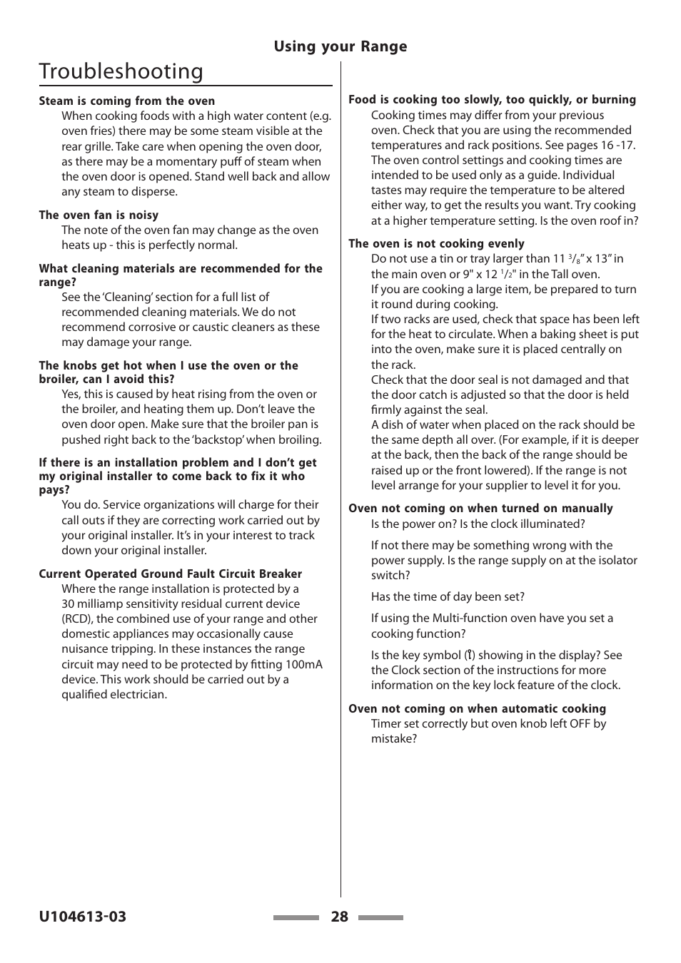 Troubleshooting | Aga Ranges LEGACY 36 U104613-03 User Manual | Page 28 / 56