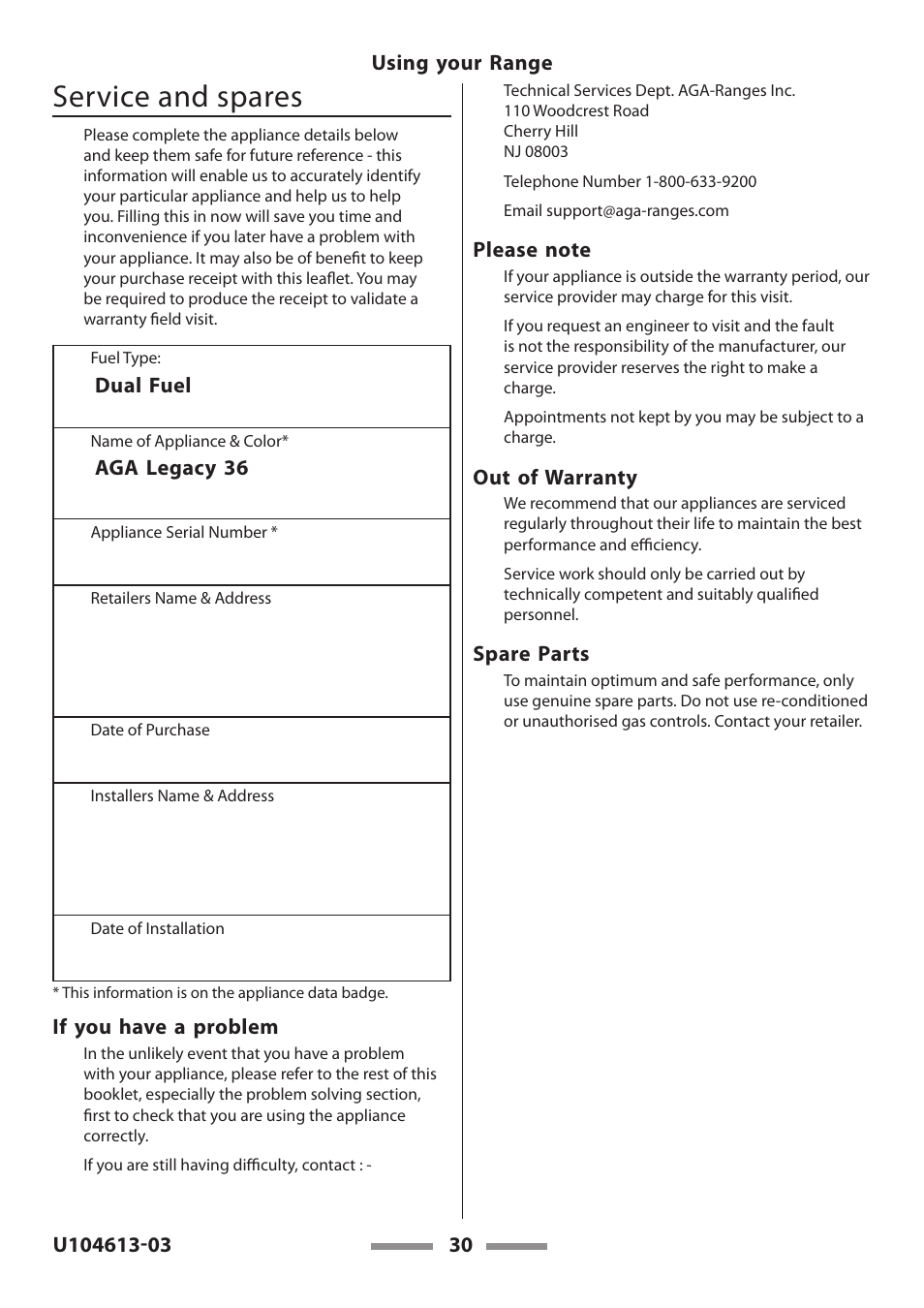Service and spares | Aga Ranges LEGACY 36 U104613-03 User Manual | Page 30 / 56