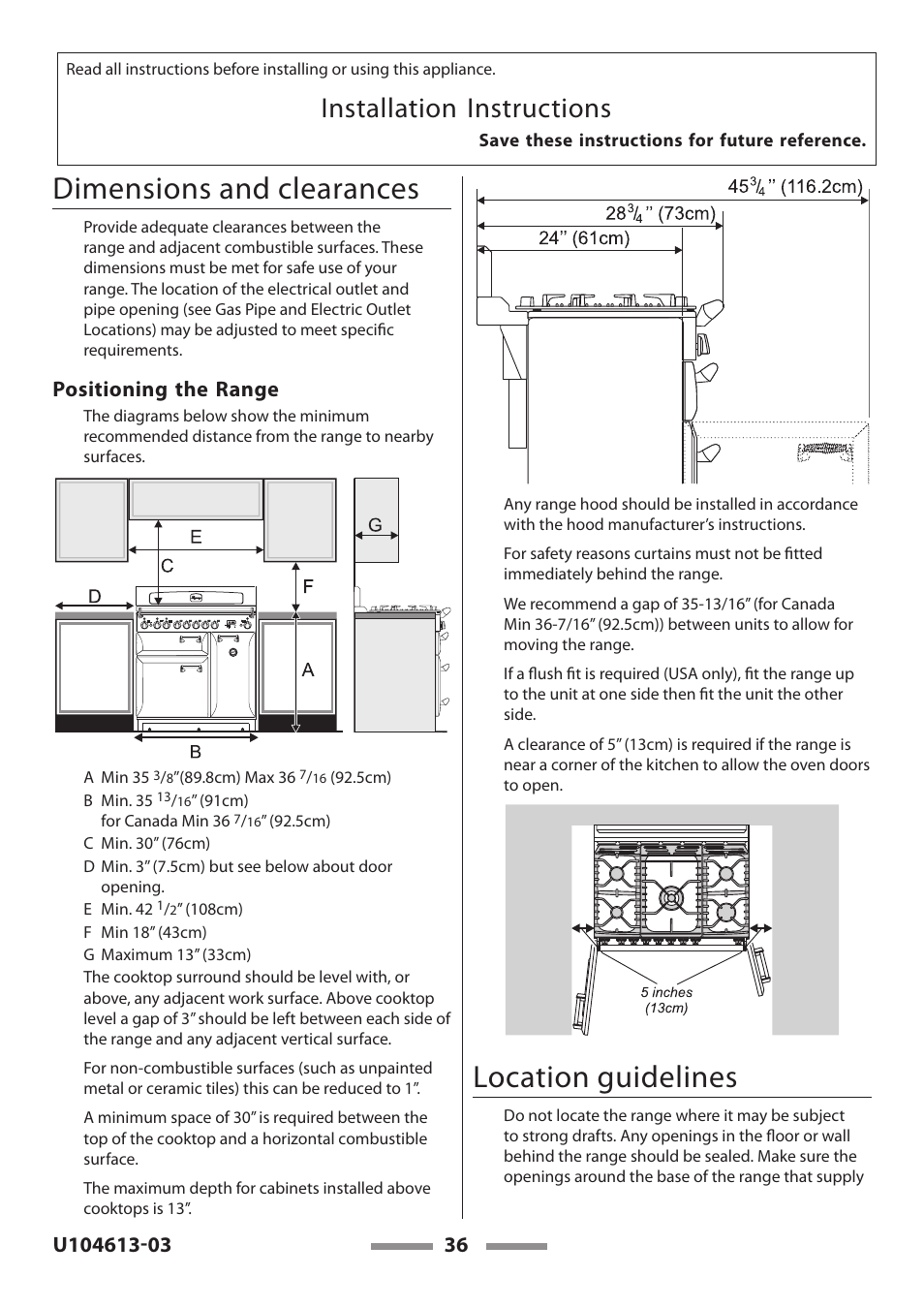 Dimensions and clearances, Location guidelines, Installation instructions | Positioning the range | Aga Ranges LEGACY 36 U104613-03 User Manual | Page 36 / 56