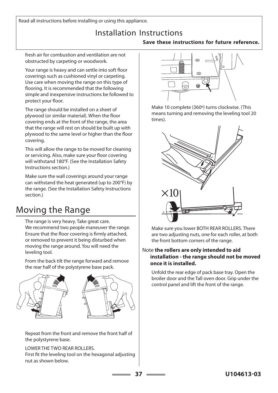 Location guidelines, Moving the range, Installation instructions | Aga Ranges LEGACY 36 U104613-03 User Manual | Page 37 / 56