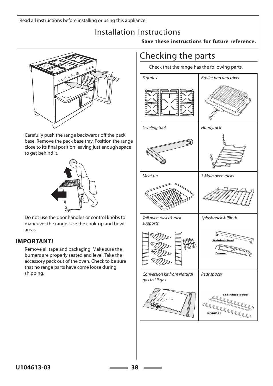 Checking the parts, Installation instructions | Aga Ranges LEGACY 36 U104613-03 User Manual | Page 38 / 56