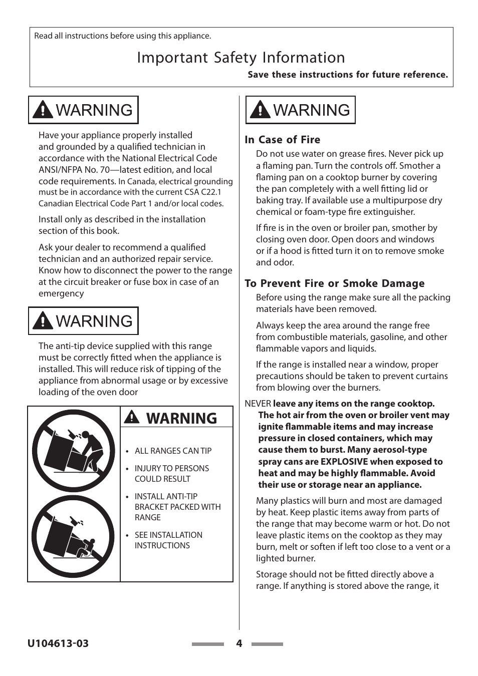Important safety information, Warning | Aga Ranges LEGACY 36 U104613-03 User Manual | Page 4 / 56