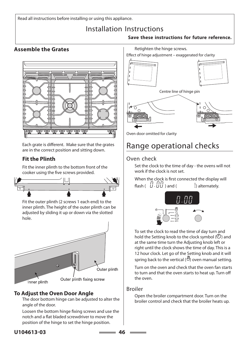 Range operational checks, Installation instructions | Aga Ranges LEGACY 36 U104613-03 User Manual | Page 46 / 56