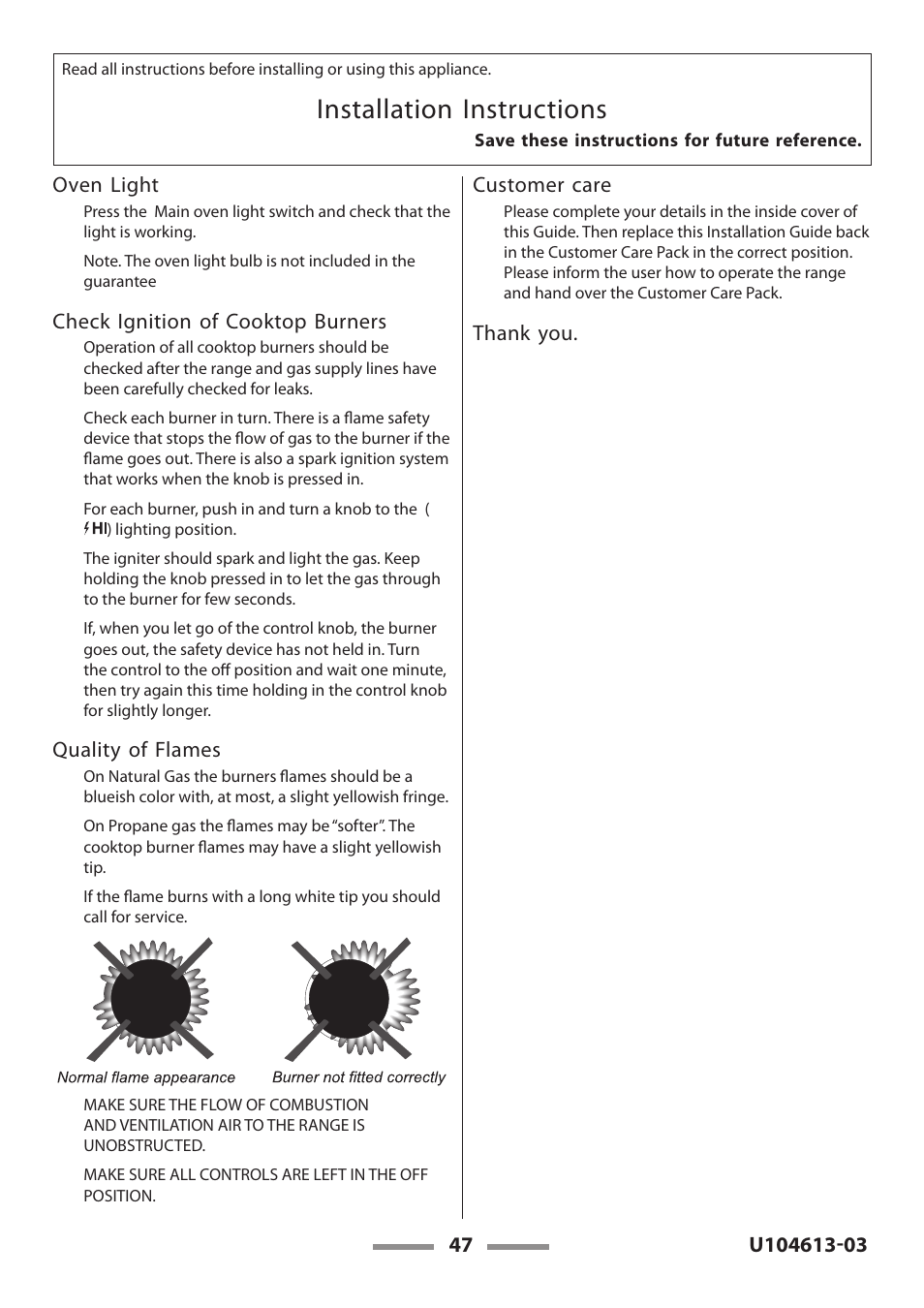 How to remove the range for servicing, Installation instructions | Aga Ranges LEGACY 36 U104613-03 User Manual | Page 47 / 56