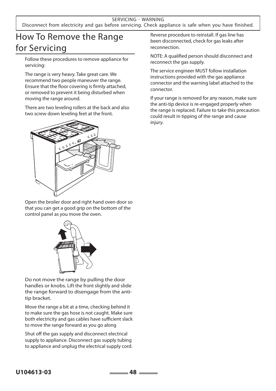 Conversion to another gas, How to remove the range for servicing | Aga Ranges LEGACY 36 U104613-03 User Manual | Page 48 / 56