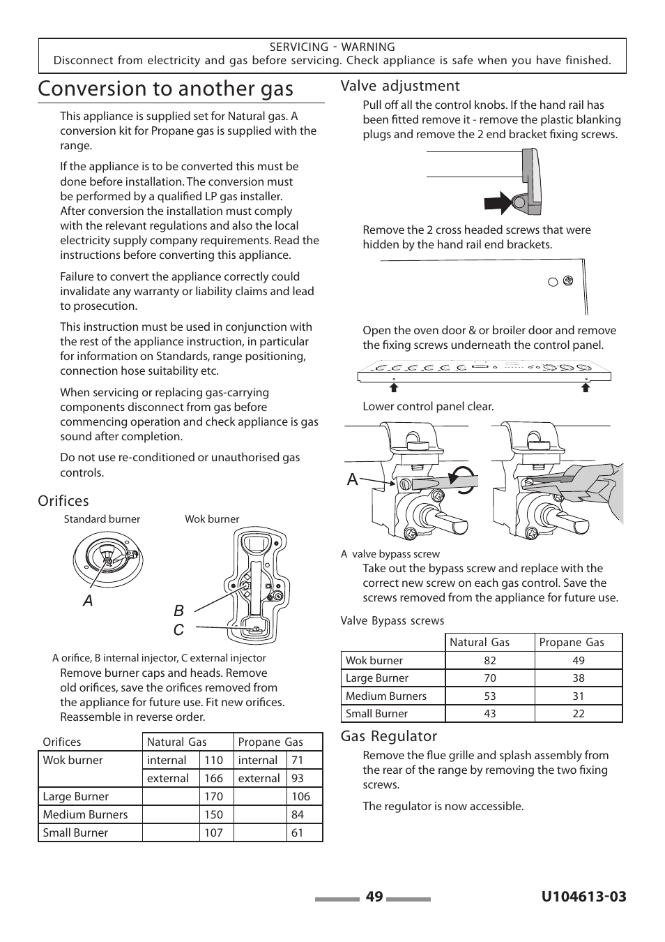 Conversion to another gas, Gas regulator, Orifices | Aga Ranges LEGACY 36 U104613-03 User Manual | Page 49 / 56