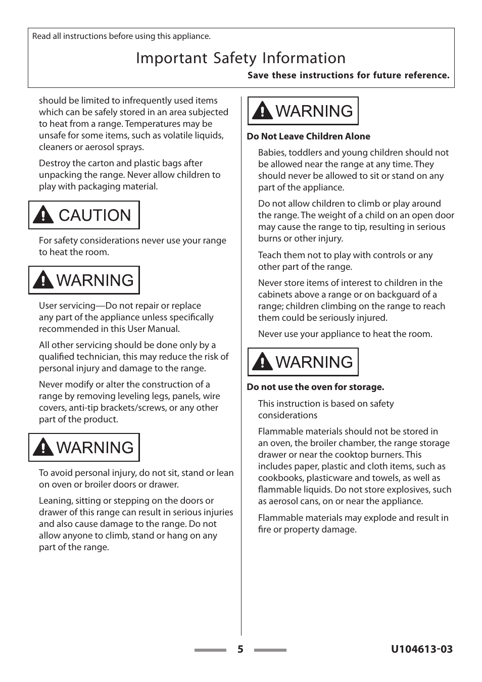 Important safety information | Aga Ranges LEGACY 36 U104613-03 User Manual | Page 5 / 56