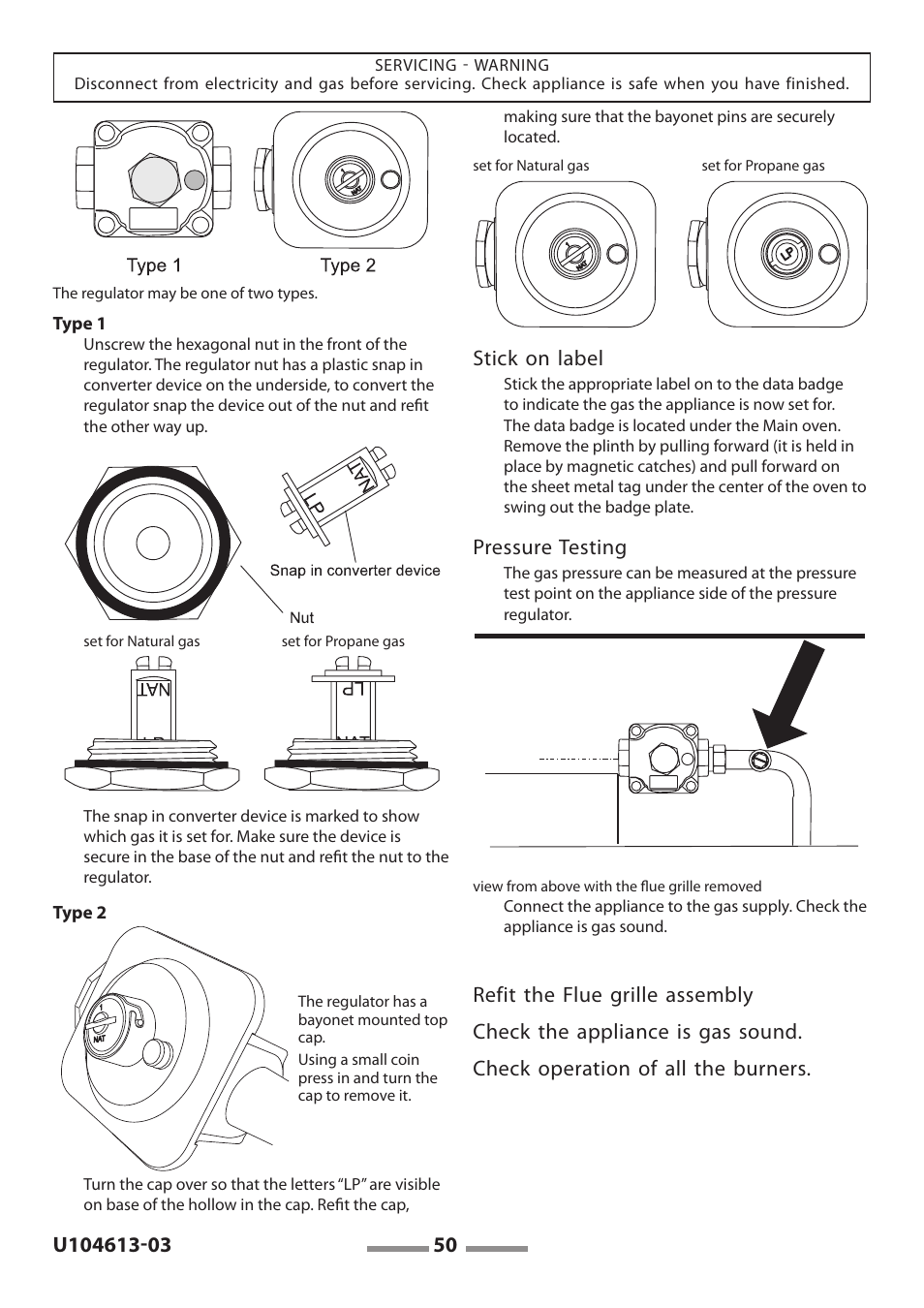 Stick on label, Pressure testing | Aga Ranges LEGACY 36 U104613-03 User Manual | Page 50 / 56