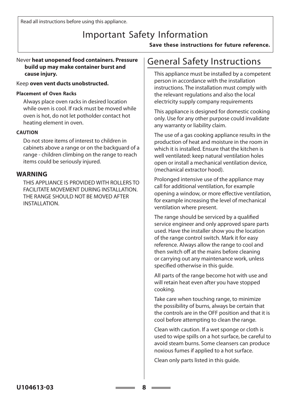 General safety instructions, Important safety information | Aga Ranges LEGACY 36 U104613-03 User Manual | Page 8 / 56