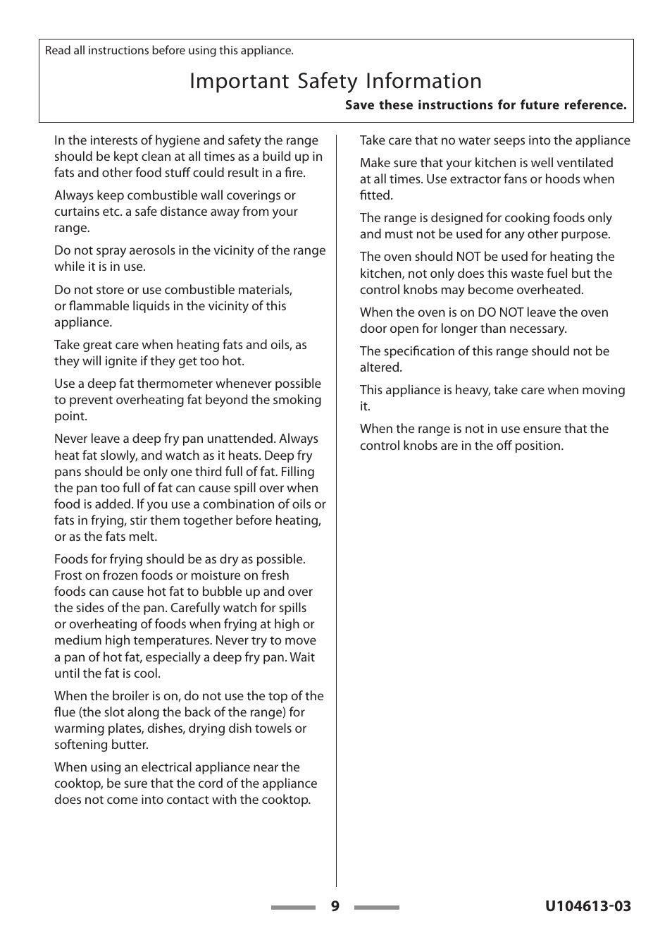 Important safety information | Aga Ranges LEGACY 36 U104613-03 User Manual | Page 9 / 56