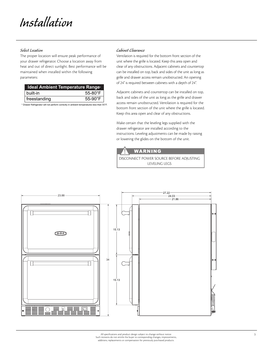 Installation, Select location, Cabinet clearance | Aga Ranges 60RDA 115V User Manual | Page 3 / 12